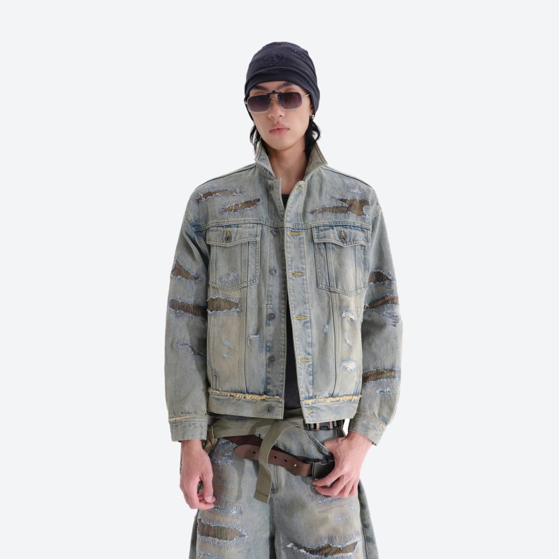 Destroyed Patch‑work Denim Jacket
